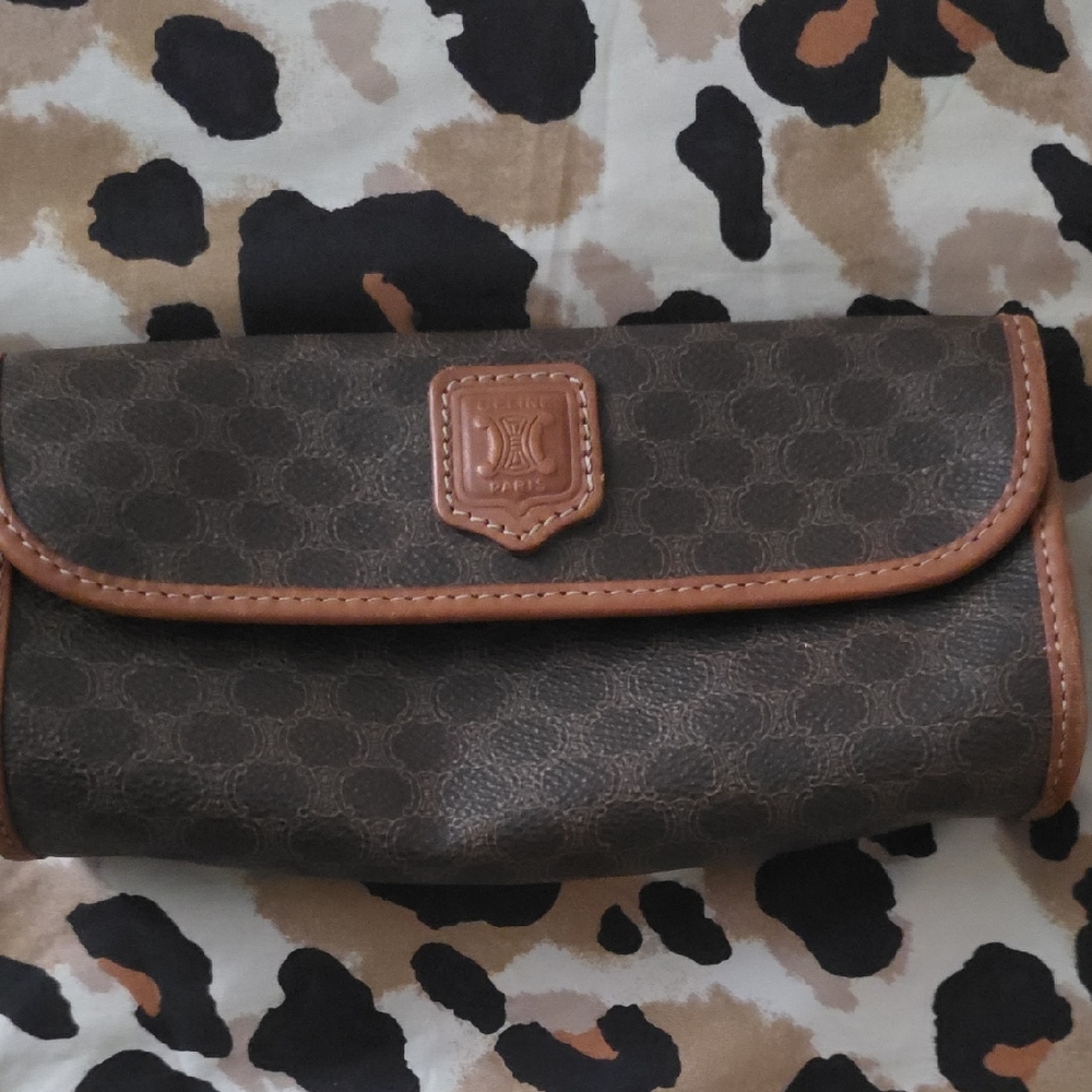 Celine Brown Monogram Cosmetic Pouch with Tan Trim